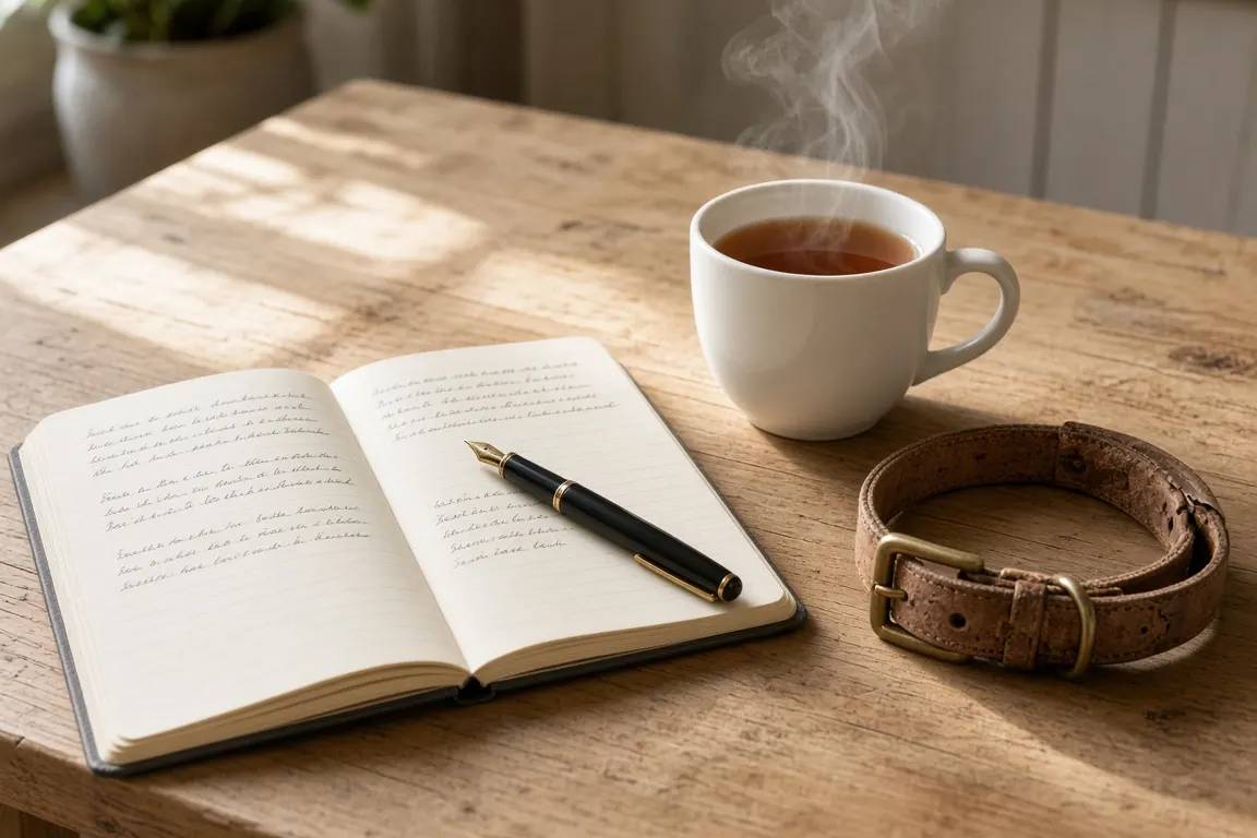 An open notebook with handwritten questions beside a cup of tea and a dog's leather collar on a kitchen table