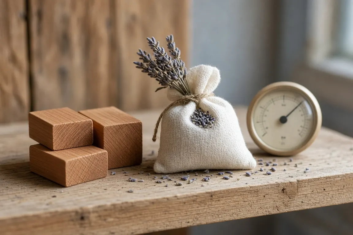 Cedar blocks and a lavender sachet on a wooden shelf beside a small hygrometer