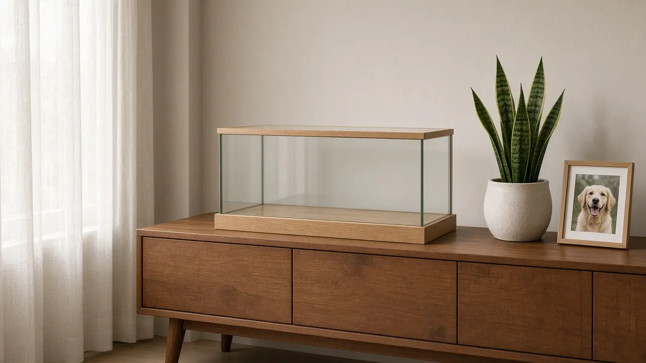 A glass display case on a sideboard in a calm living room, away from a curtained window