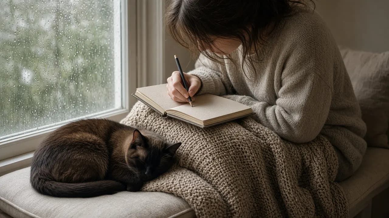 A person writing in a journal on a window seat, a Burmese cat curled beside them