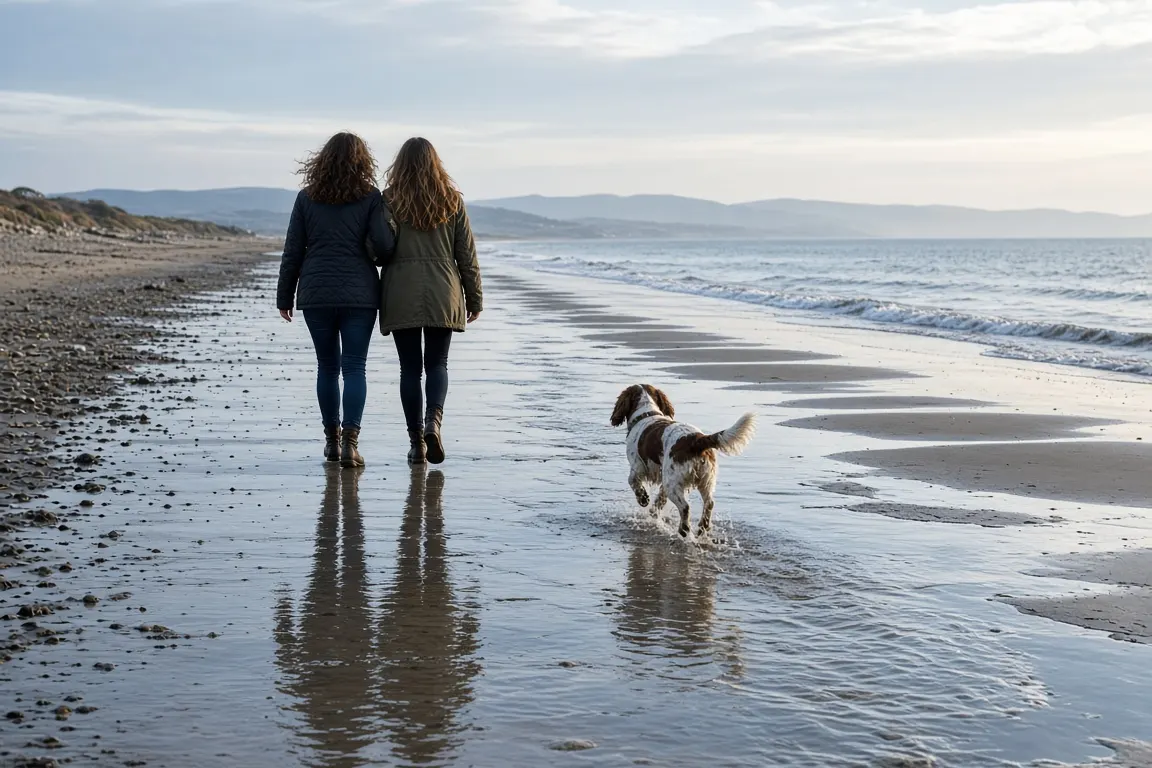 Two friends walking arm in arm along a beach at low tide, a dog running ahead