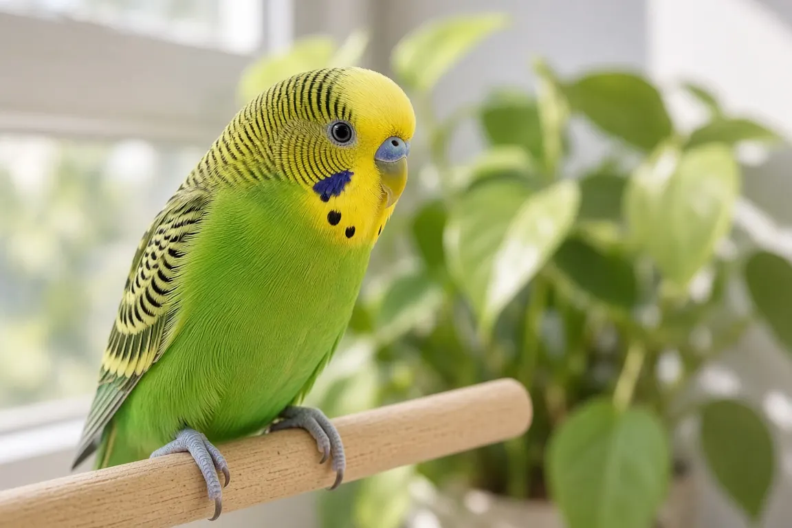 A green budgerigar perched on a wooden dowel by a bright window, feathers neat and glossy