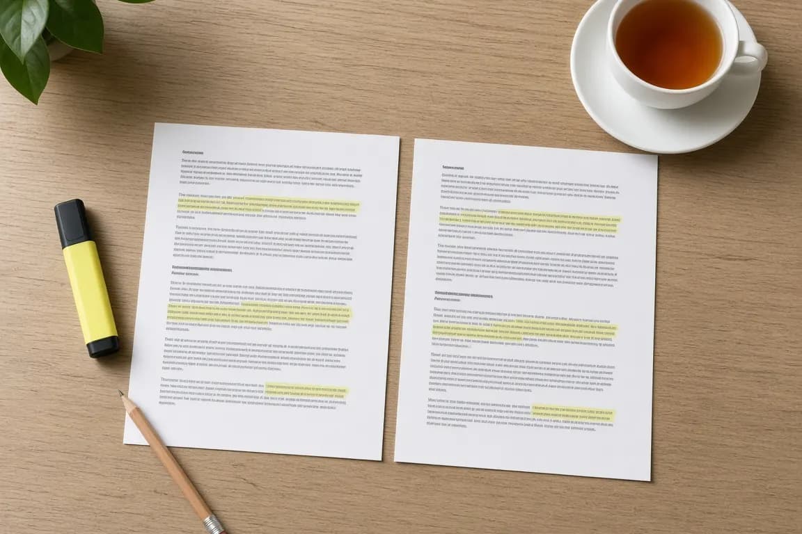 Two quotes printed side by side on a desk with a highlighter and a cup of tea