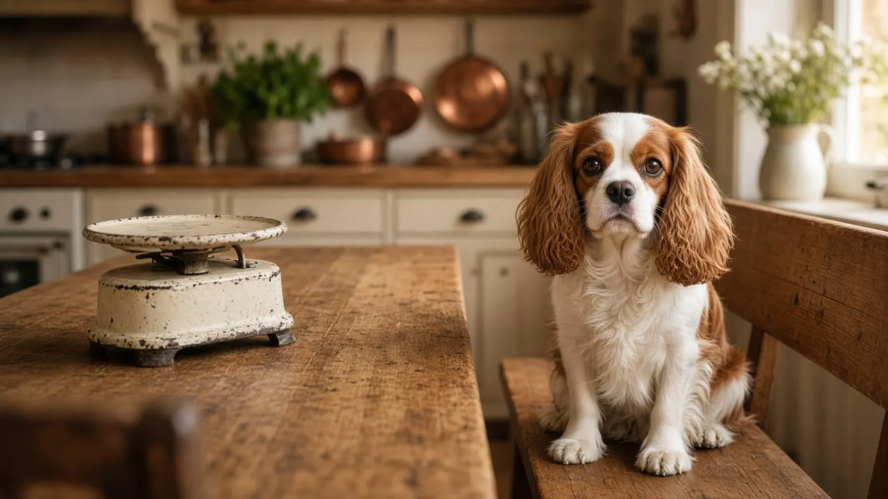 A Cavalier King Charles spaniel sitting beside a vintage kitchen scale on a farmhouse table