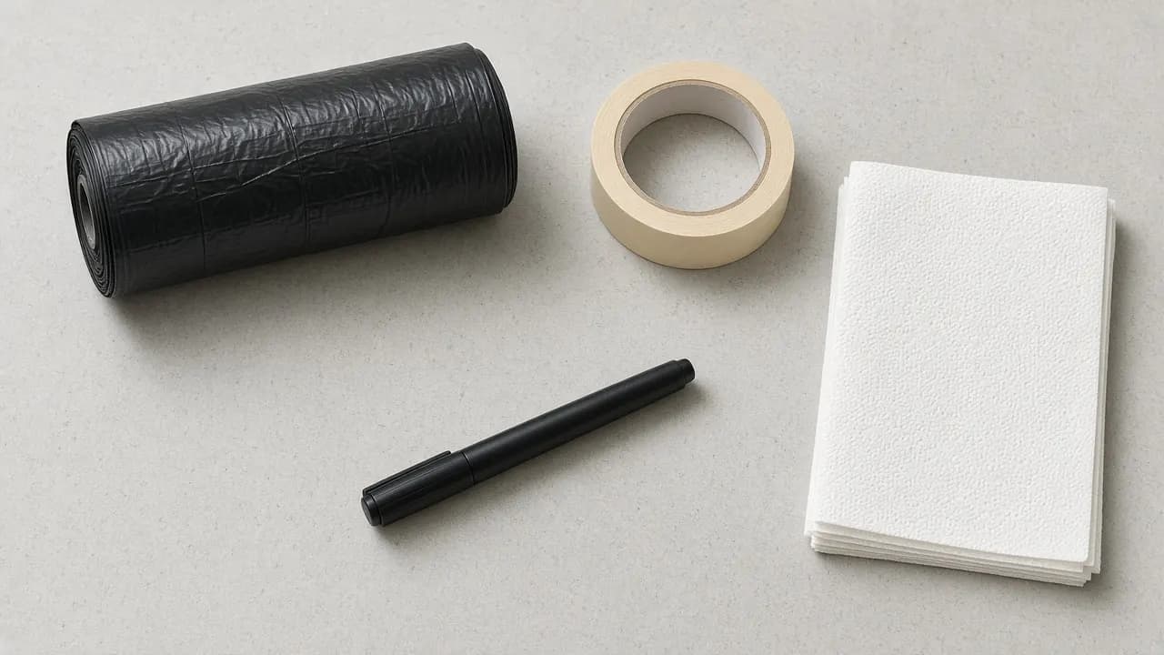 A roll of heavy-duty bags, masking tape, a marker pen and paper towels laid out on a counter