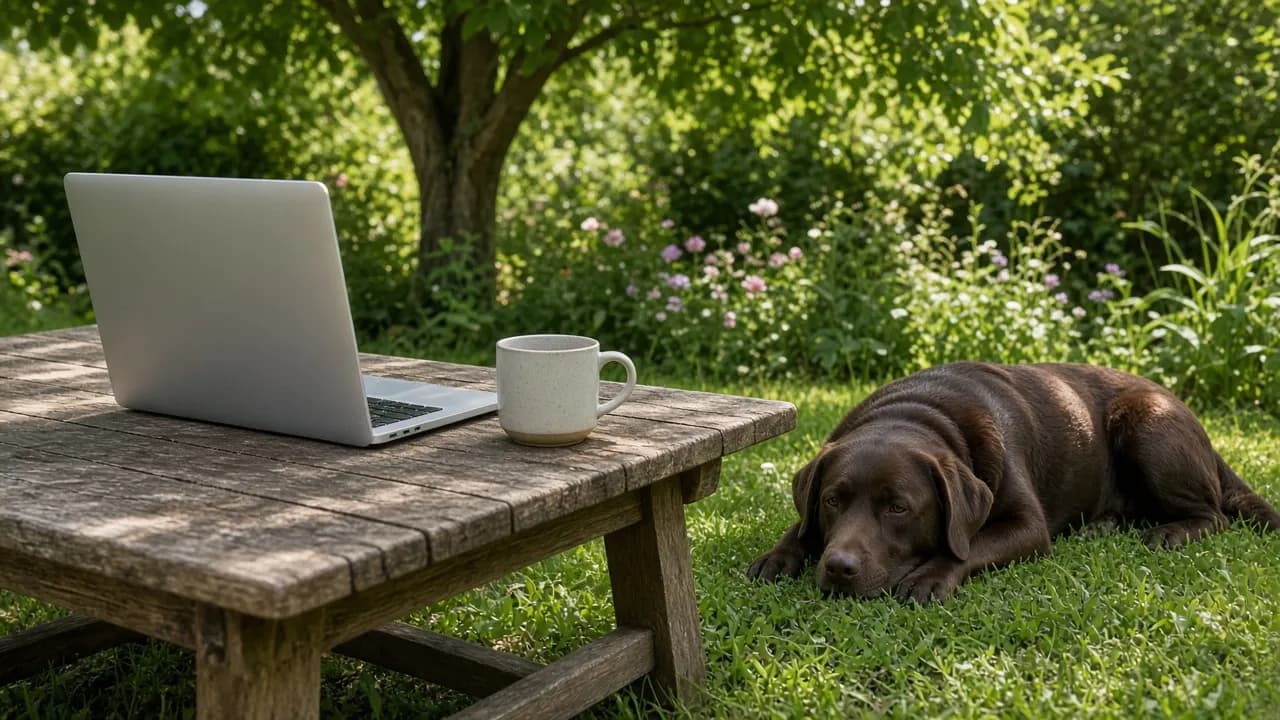 A laptop open on a garden table beside a mug, with a Labrador lying in the grass nearby