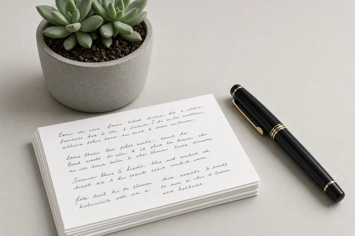 A stack of index cards with handwritten notes, a fountain pen and a small potted succulent on a desk