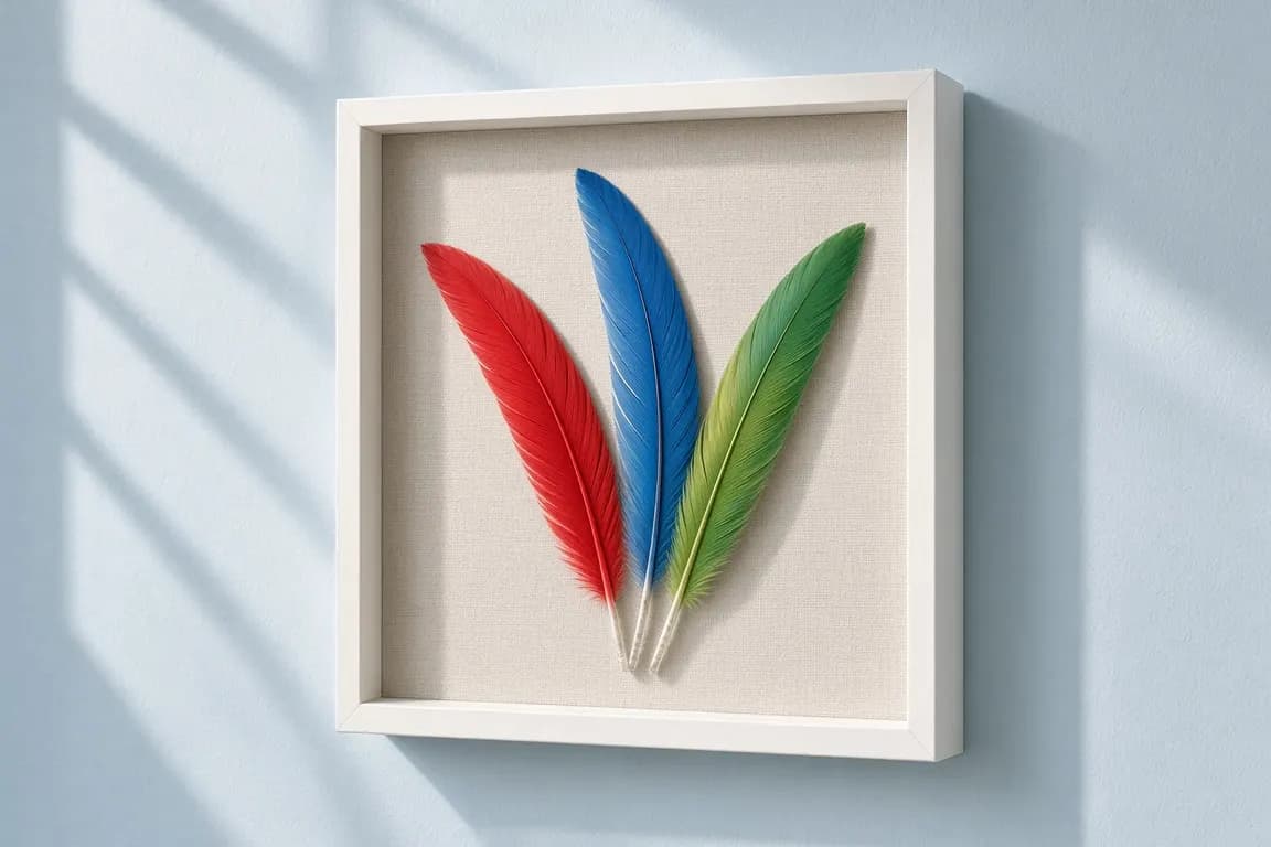 Three colorful parrot feathers arranged in a simple white frame on a sunny wall