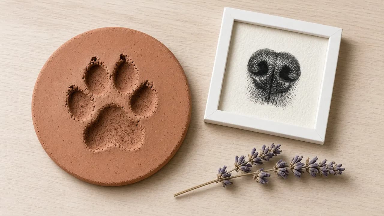 A clay paw print and a framed ink nose print side by side on a light wooden desk