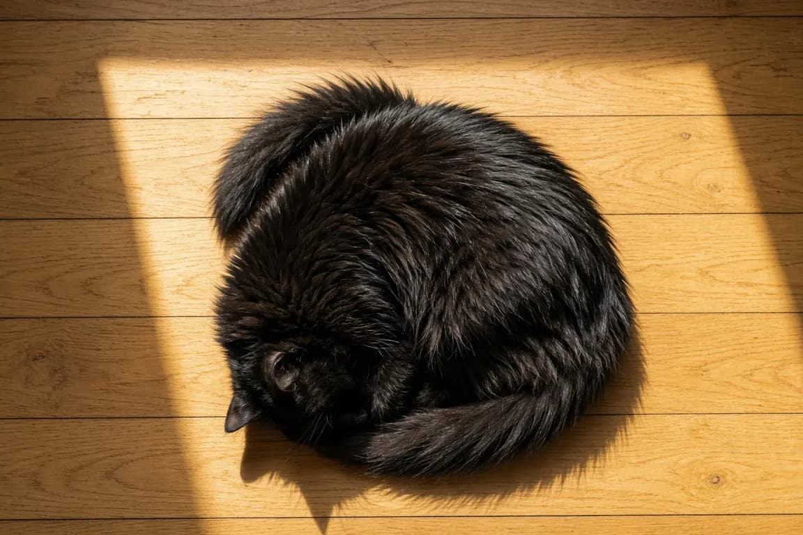 A long-haired black cat curled nose to tail in a pool of sunlight on a wooden floor