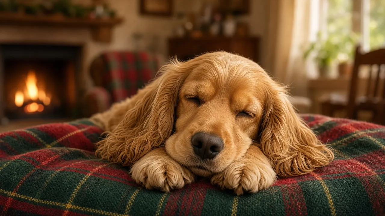A golden cocker spaniel sound asleep on a tartan blanket, chin resting on its paws