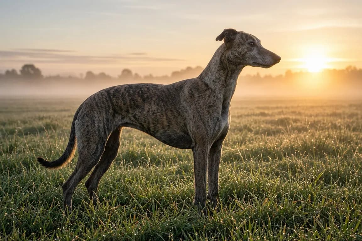 A brindle greyhound standing alert in a meadow, its long lean frame outlined by morning light