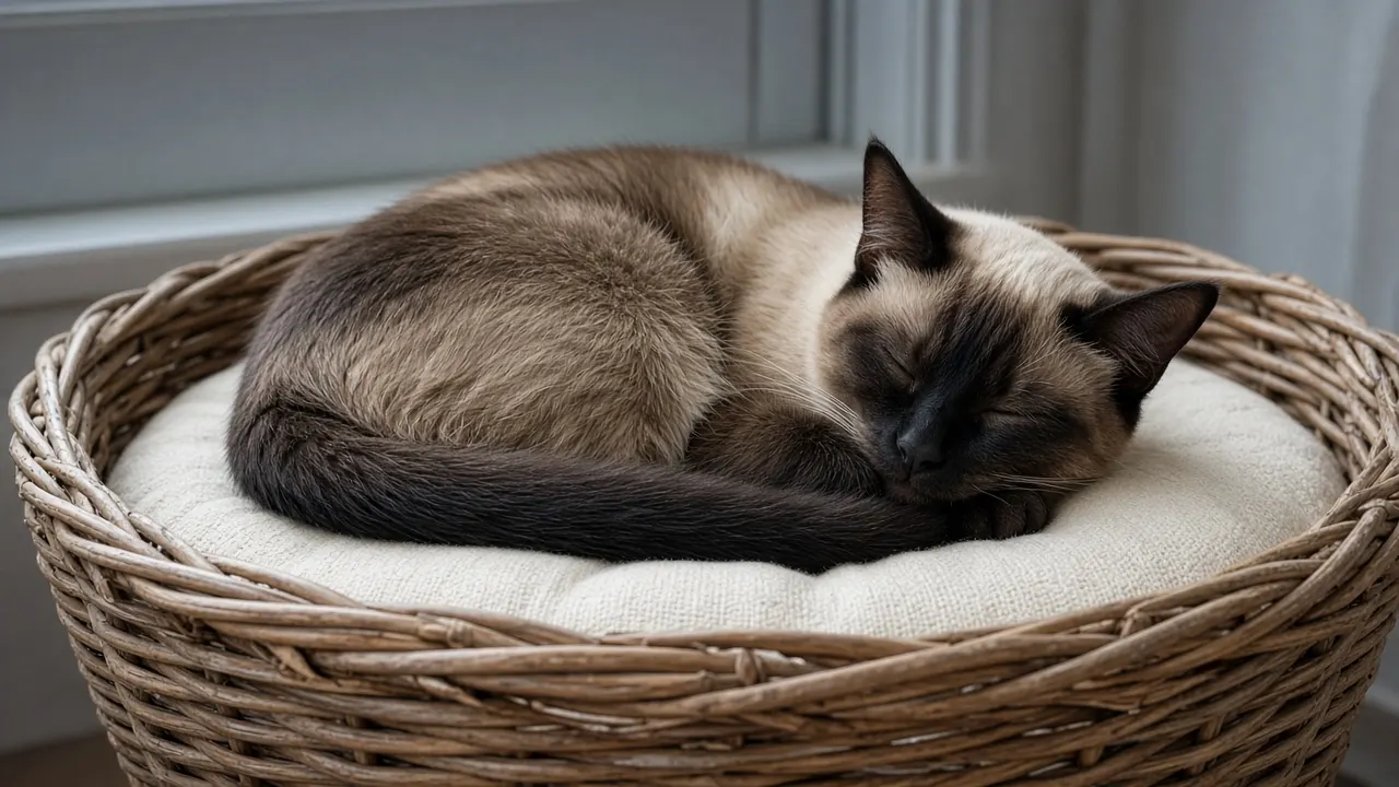 A Siamese cat sleeping curled in a round wicker basket lined with a cream cushion
