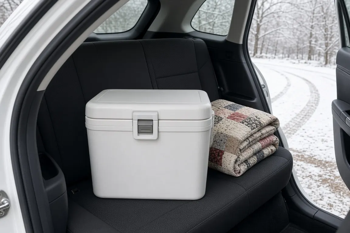 A sturdy insulated cooler on the back seat of a car with a folded quilt, parked on a snowy driveway