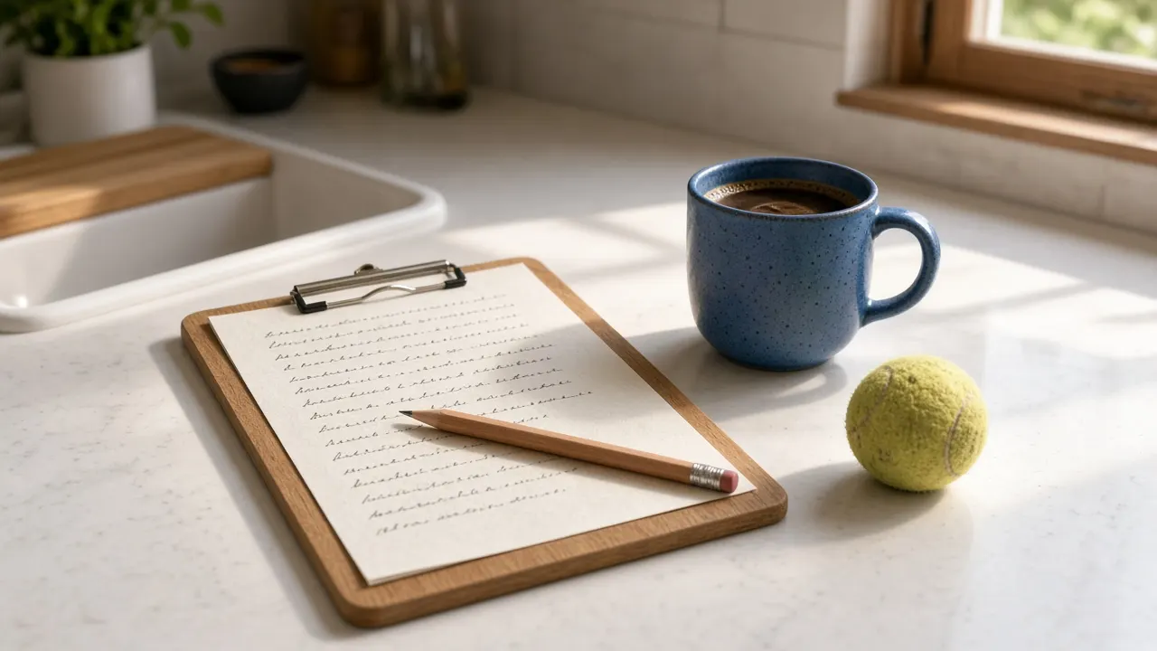 A handwritten list on a clipboard next to a mug and a dog's tennis ball on a kitchen counter