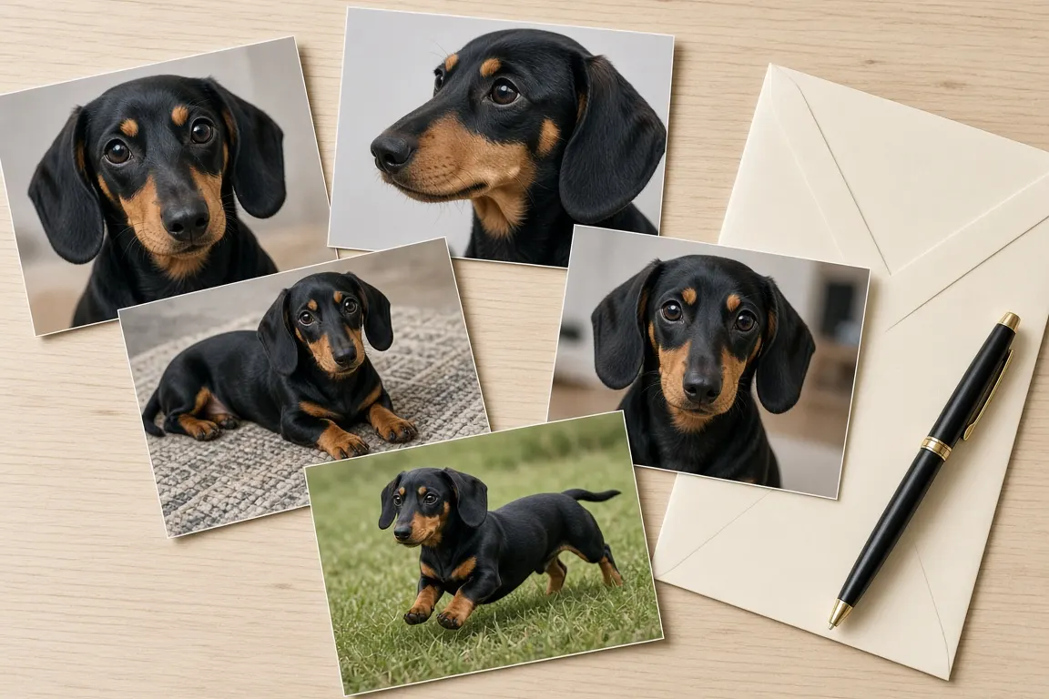 A spread of printed photos of a black-and-tan dachshund on a table, some showing its face up close