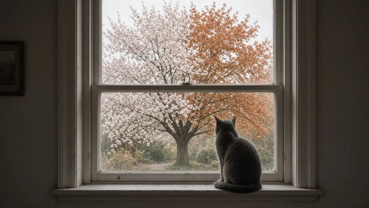 A window view of a garden tree shown turning from spring blossom to autumn leaves, a cat's silhouette on the sill