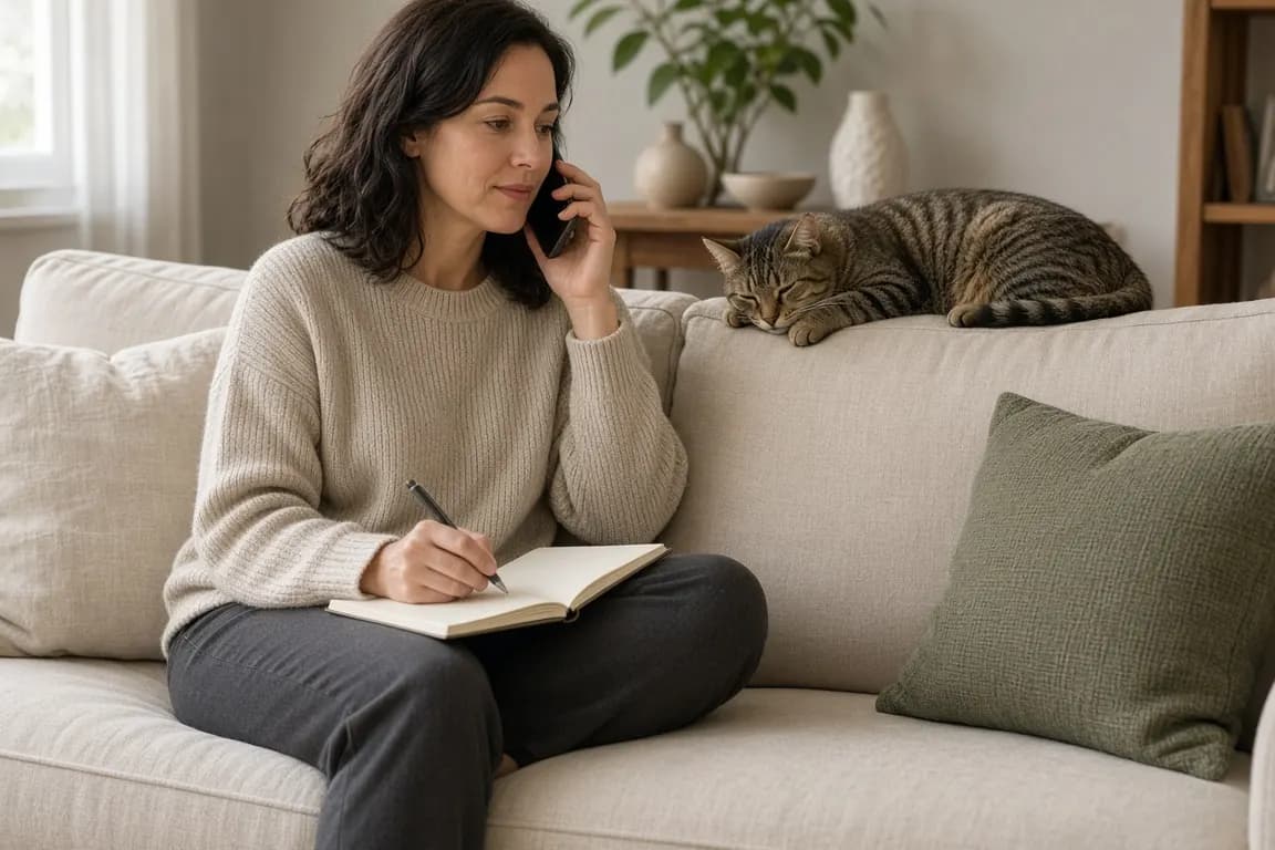 A woman on a sofa taking notes during a phone call, a tabby cat stretched along the back cushion