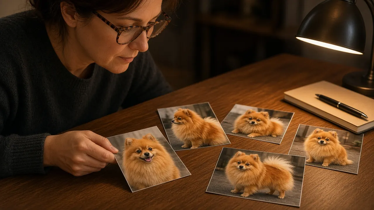 A person at a desk looking closely at printed photographs of a Pomeranian through reading glasses