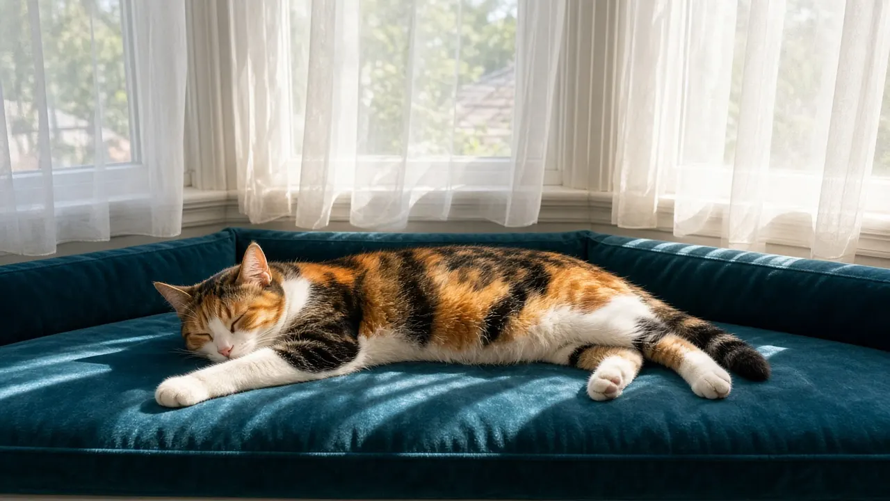 A calico cat asleep on a velvet cushion on a window seat, afternoon light across its fur