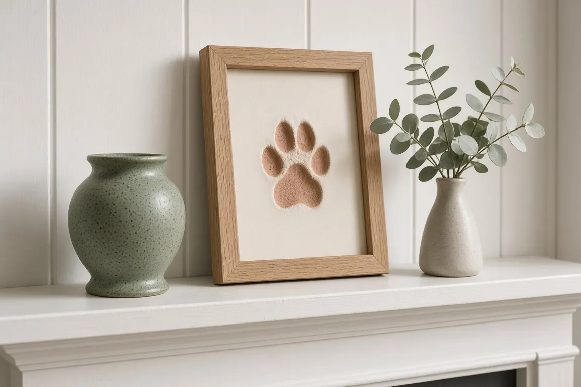 A small ceramic urn and a framed clay paw print on a mantelpiece with a sprig of eucalyptus