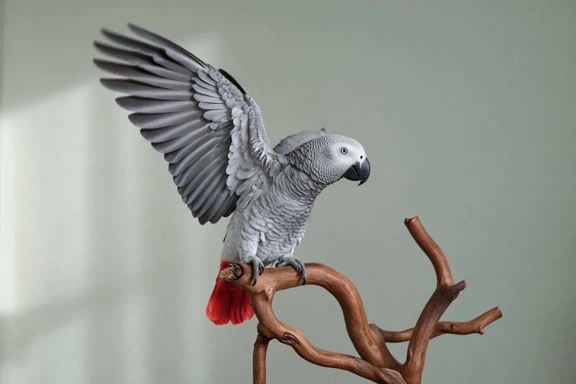 An African grey parrot perched on a branch-style stand, one wing slightly lifted