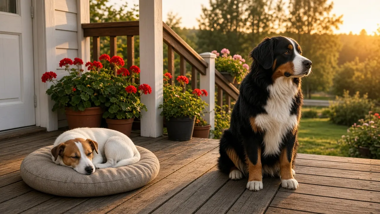 Two dogs side by side on a porch, one curled asleep and one sitting up alert