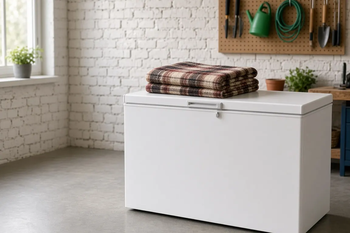 A white chest freezer in a tidy garage with a folded blanket resting on its lid