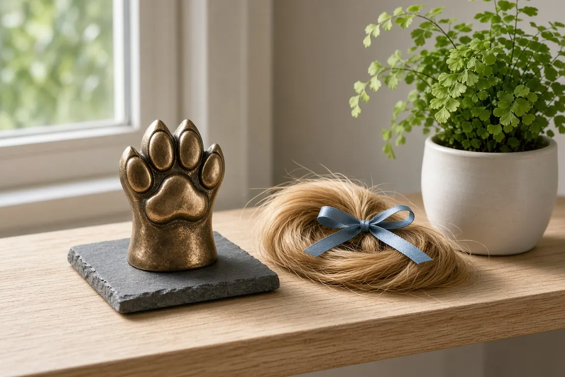 A small bronze paw cast and a lock of fur tied with blue ribbon on a wooden shelf beside a potted fern