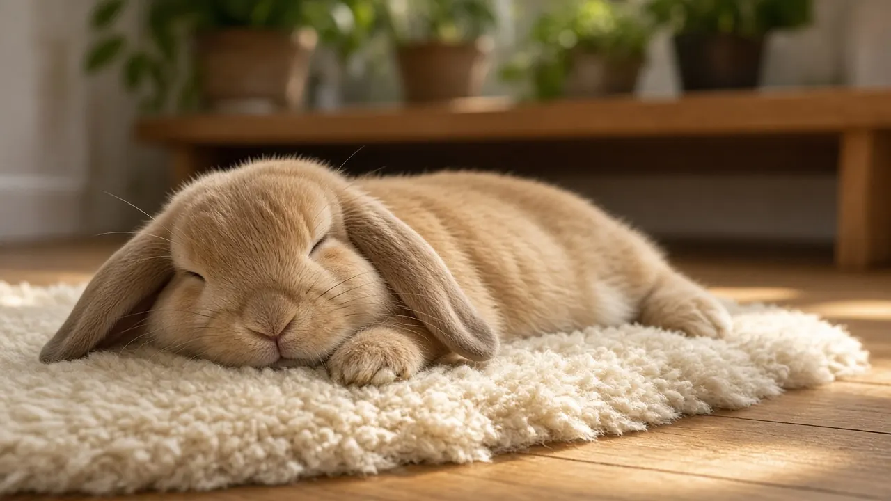 A lop-eared rabbit stretched out asleep on a sheepskin rug in afternoon light