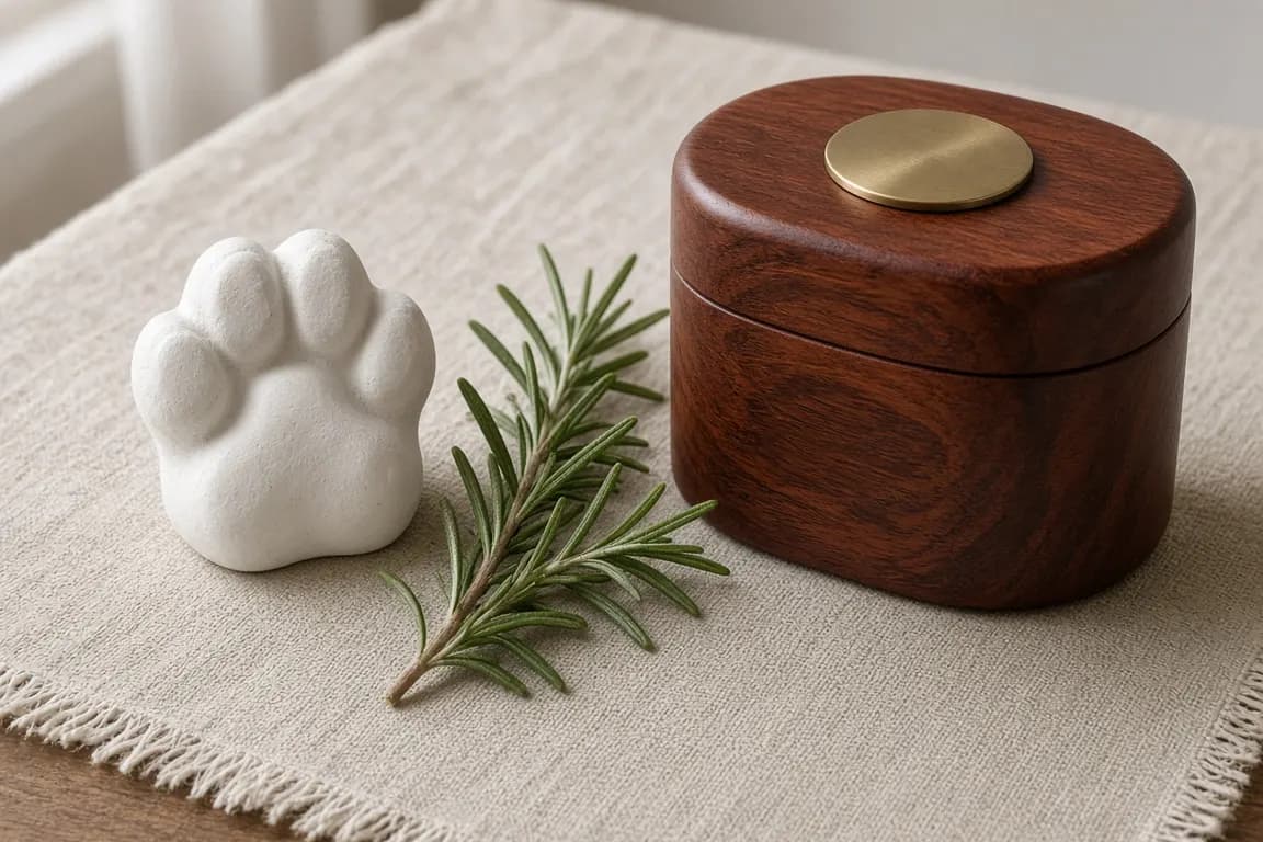 A white resin paw cast next to a small wooden urn and a sprig of rosemary on a linen runner