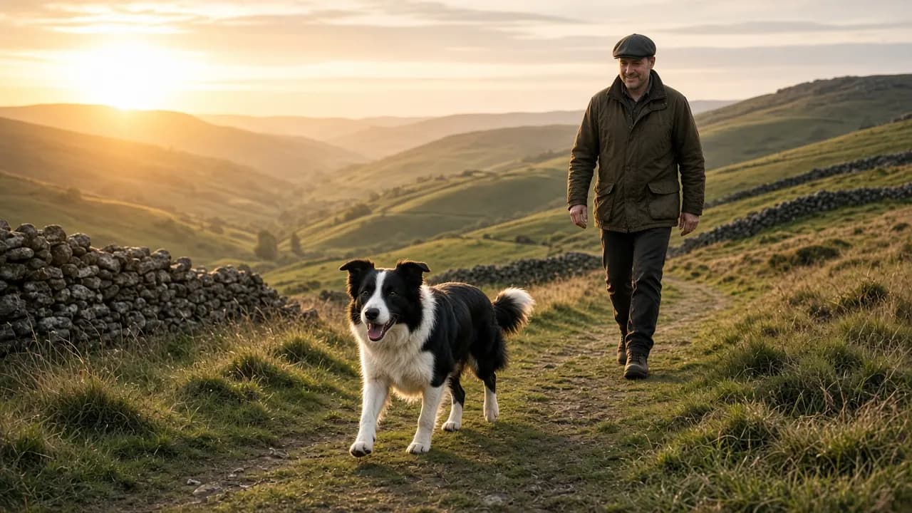 A border collie trotting along a hillside path at sunset with its owner a few steps behind