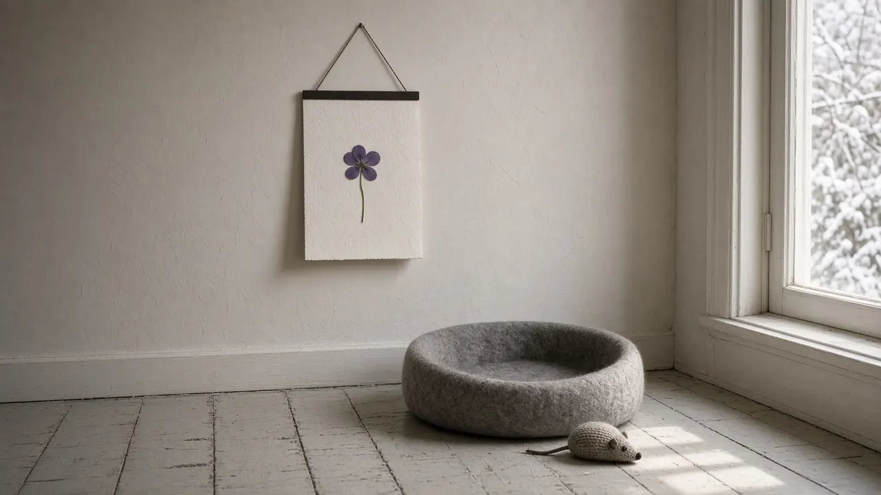 A wall calendar with a pressed flower pinned to one month, beside a window with a cat's empty bed below