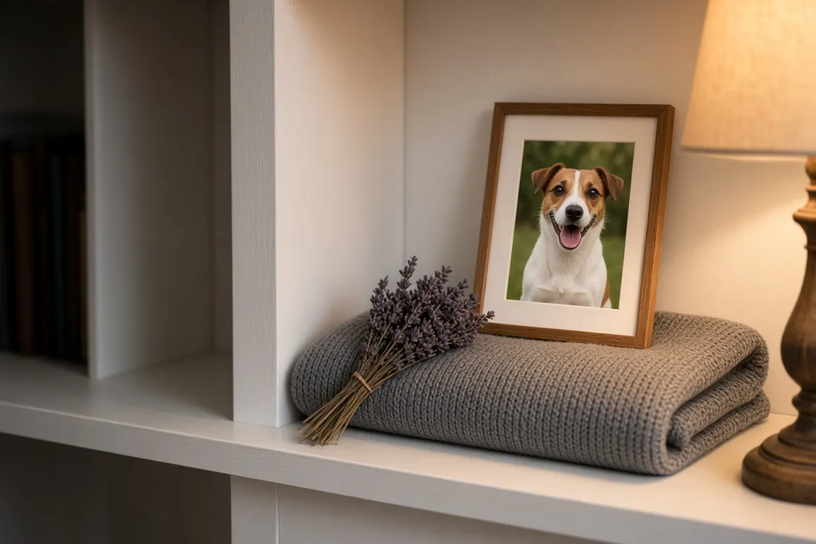 A cleared bookshelf with a folded blanket and framed photo of a terrier, ready for a keepsake to return