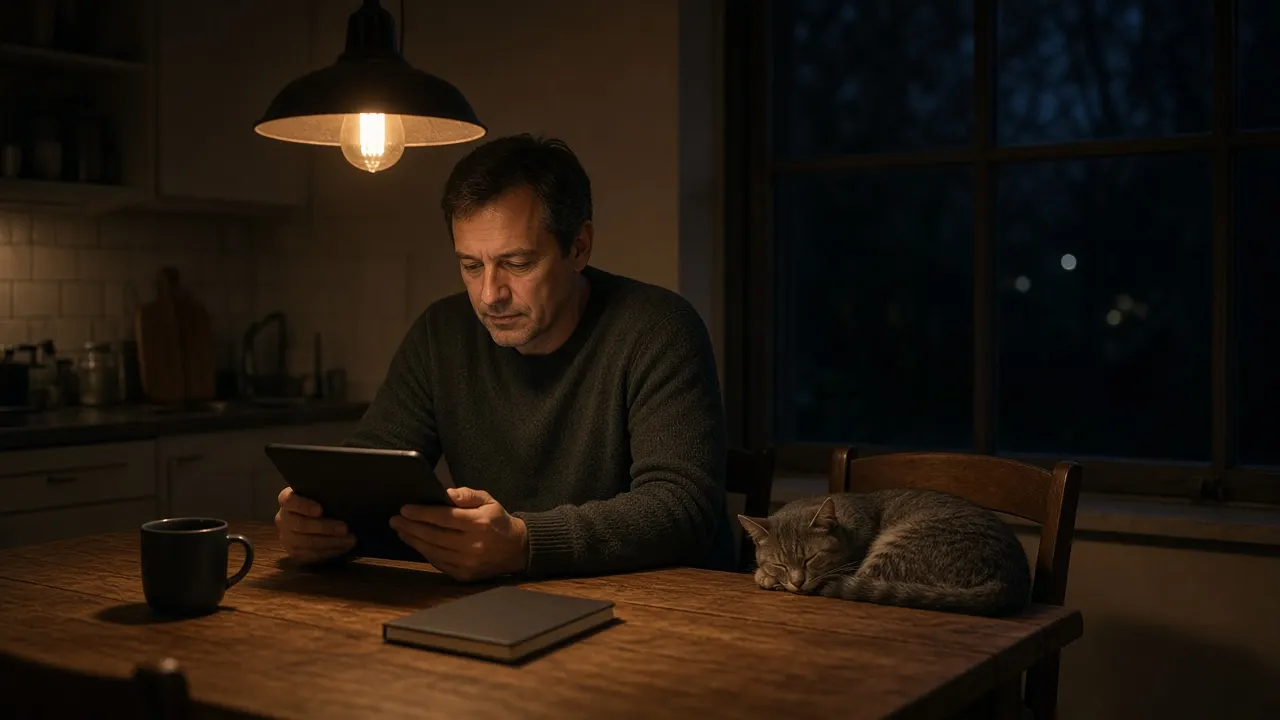 A man reading on a tablet at a kitchen table at night, a sleepy grey cat on the chair beside him
