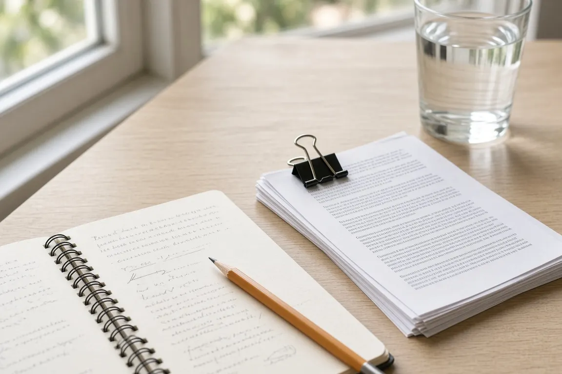 An open notebook, a pencil and a stack of printed price lists on a desk beside a window