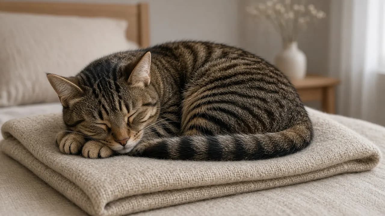 A tabby cat curled asleep on a folded wool blanket in soft window light