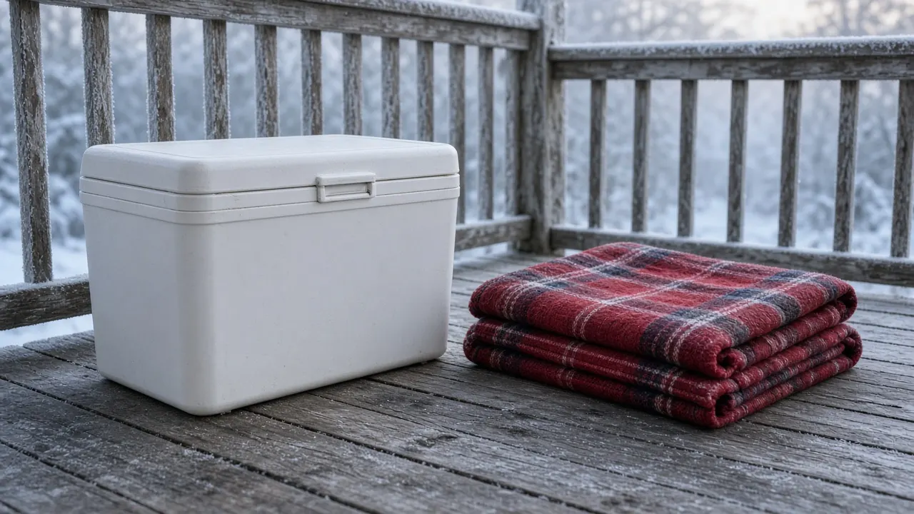 An insulated cooler and a folded tartan blanket on a wooden porch on a frosty morning