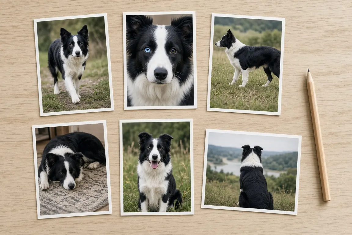 Printed photos of a black and white dog spread on a table, showing its face, markings and a favorite sleeping pose