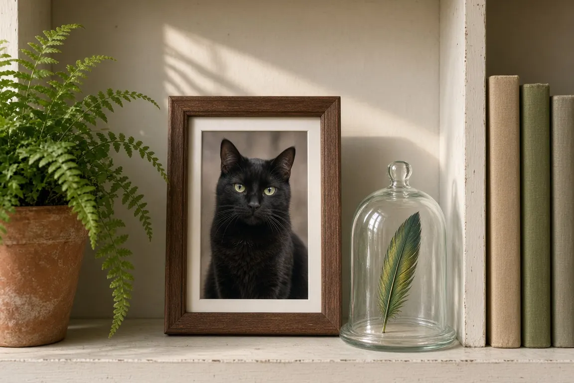 A bookshelf with a framed photo of a black cat, a small glass dome over a feather and a potted fern