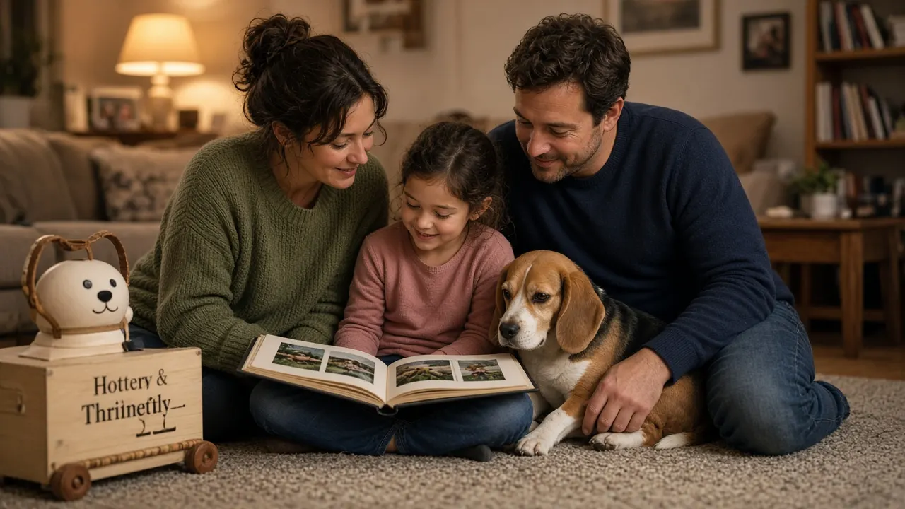 A family sitting together on a living-room rug with their young beagle, looking at a photo album