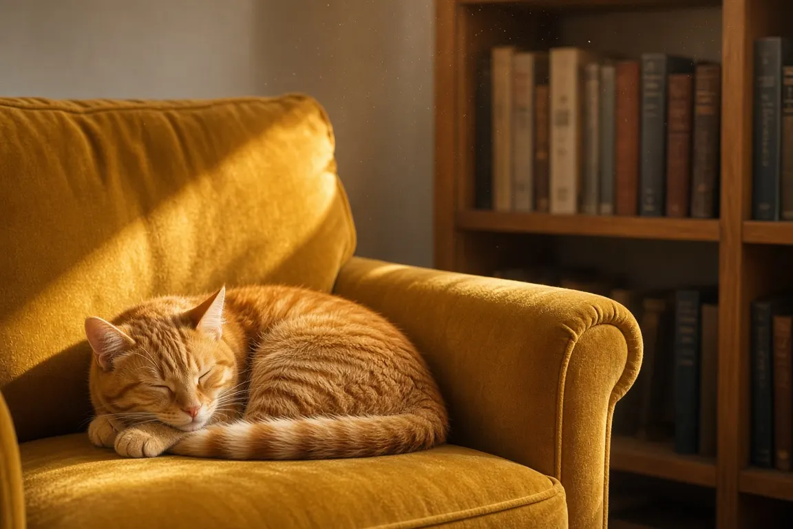 A living ginger cat curled on a sunny armchair beside a bookshelf, the kind of pose owners often want preserved