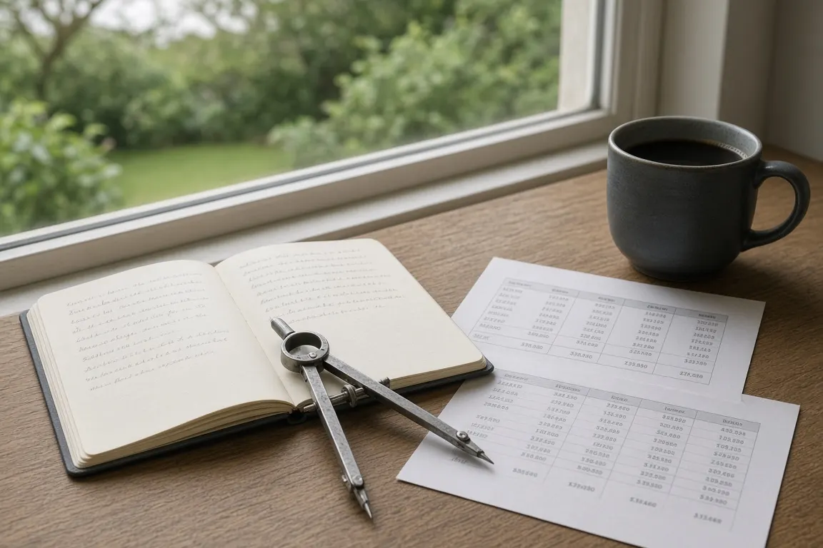 A desk with a notebook, a set of calipers and printed price sheets beside a window overlooking a garden