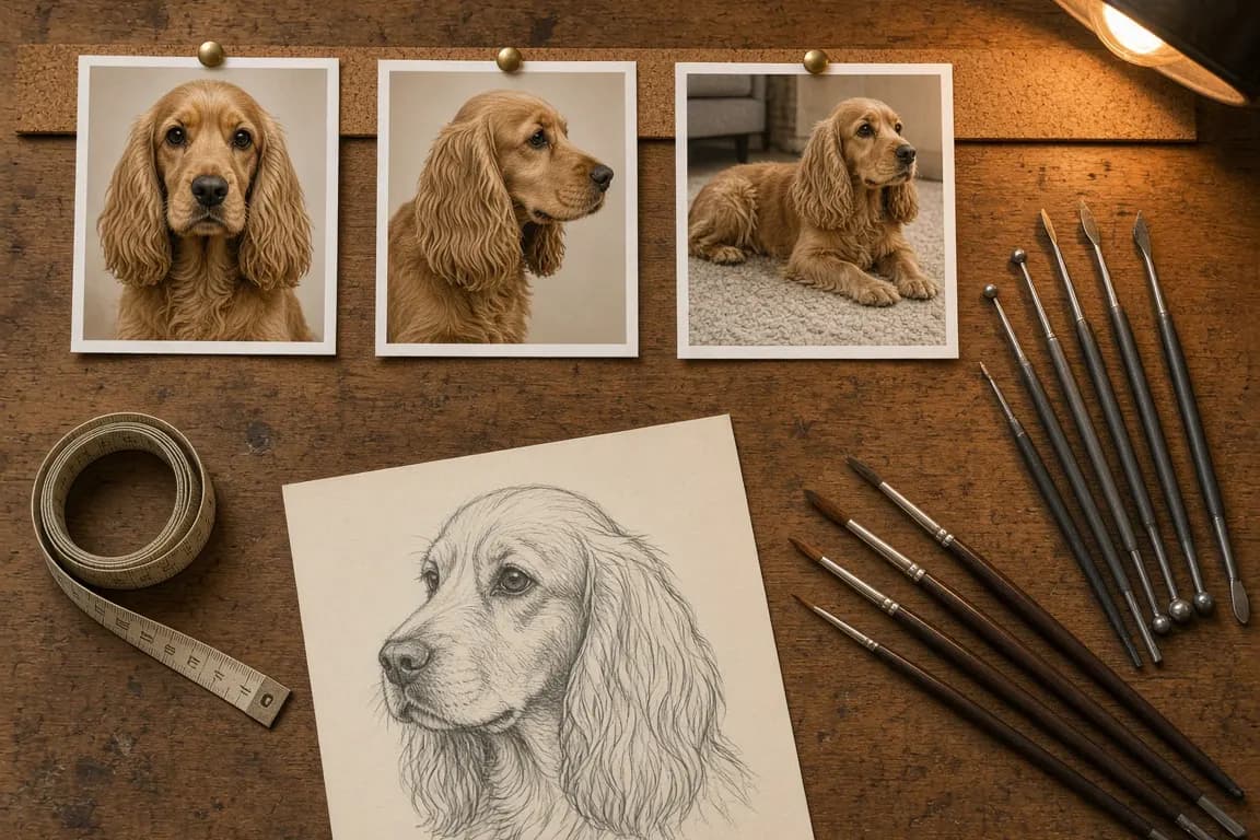 A preservation artist's workbench with fine brushes, sculpting tools and reference photos of a spaniel