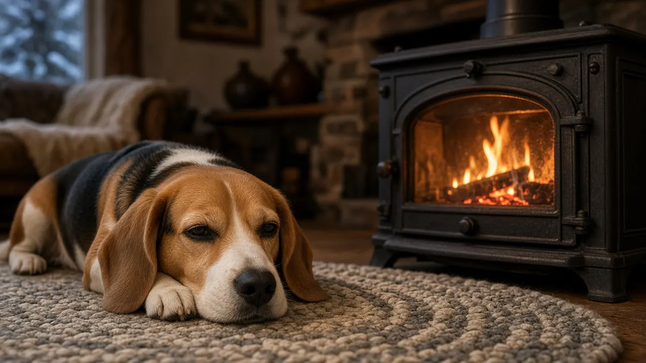 A tri-color beagle lying on a braided rug by a wood stove, chin resting on its front paws