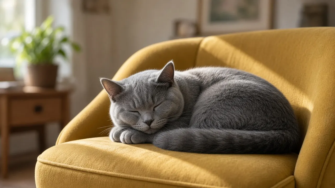 A gray shorthair cat curled asleep in a sunlit armchair, tail wrapped around its paws
