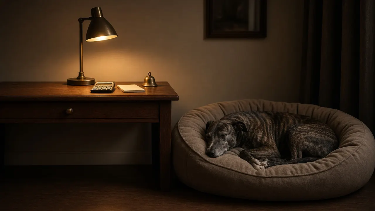 A calculator, a notepad and a small brass bell on a desk beside a sleeping greyhound's bed